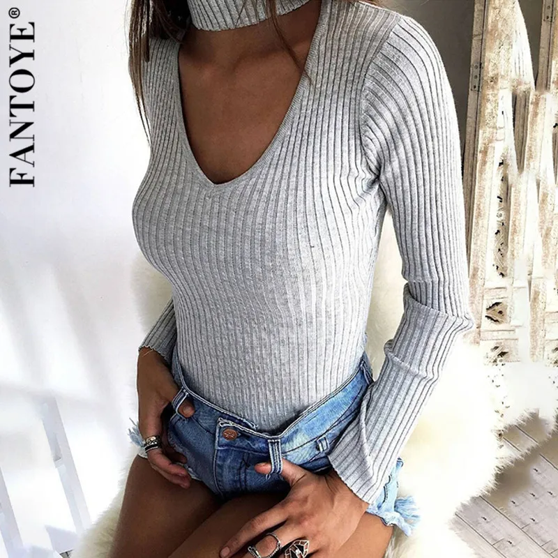 

FANTOYE Ribbed Knitted Women's Bodysuit 2019 Autumn Cotton Long Sleeve Halter Bodycon Bodysuit Casual Body Femme Romper Jumpsuit
