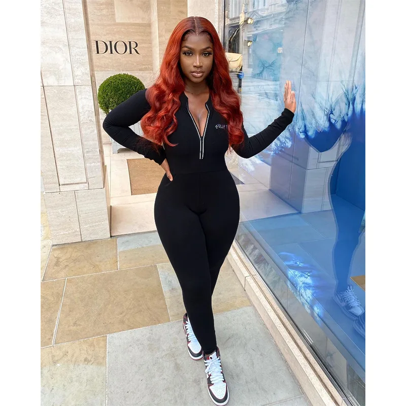 

Women's Jumpsuit Autumn Long-Sleeved Stitching Zipper High Waist Long-Sleeved Embroidered Skinny Jumpsuit Sexy Trousers Street