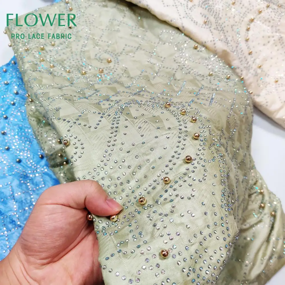 Beige Bazin Riche Lace Fabrics With Stones And Beads Soft 100% Cotton Nigerian Guinea Beaded Wedding Dress Sewing Basin Material | Дом и сад