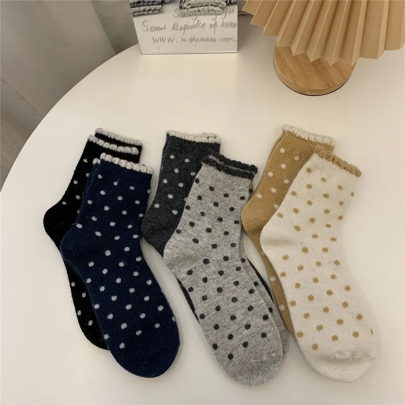 

25% Cashmere Wool Woman Socks Japanese Style Polka Dot Kawaii Cute Socks Autumn Winter Thicken Warmer Harajuku Retro Long Socks