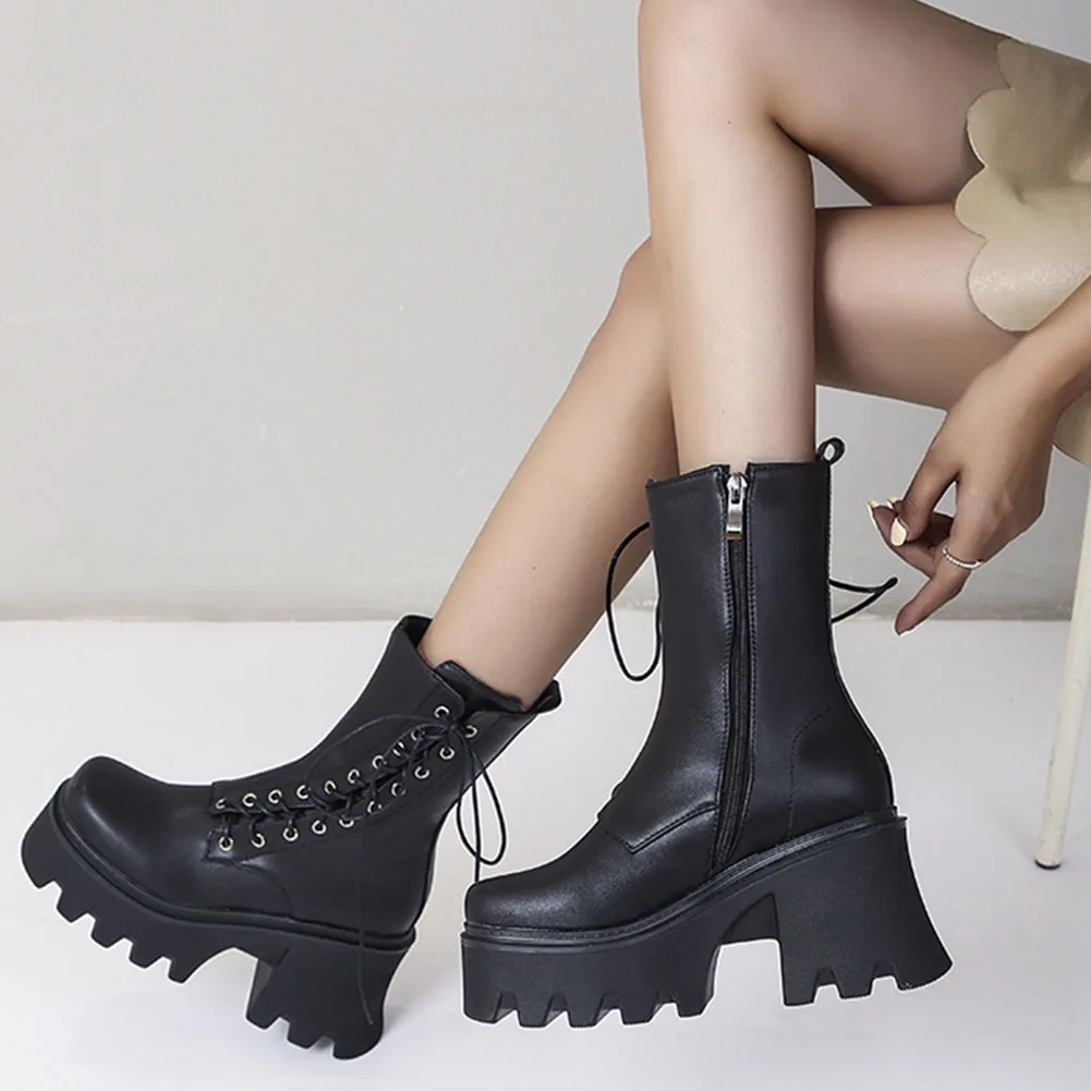 

Female Motorcycle Boots Square Heel Zip Black Super High Heel Ankle Boots Platform Winter Hot Sale Women Ankle Boots Shoes Comfy