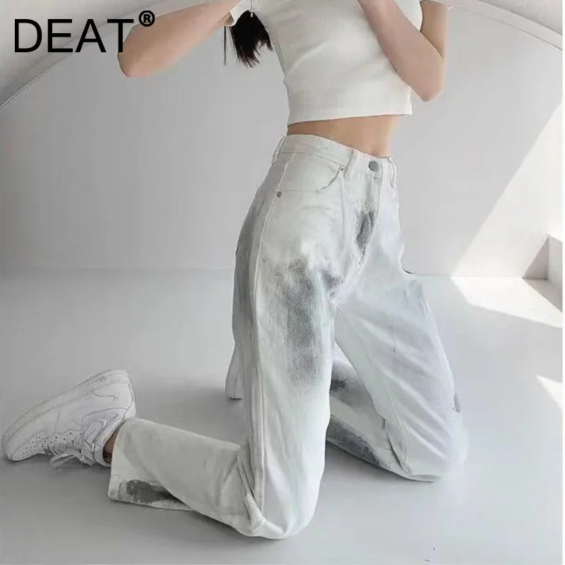 

Женские джинсы в полную длину DEAT, светло-голубые брюки из денима с принтом, WS62300L, лето 2021