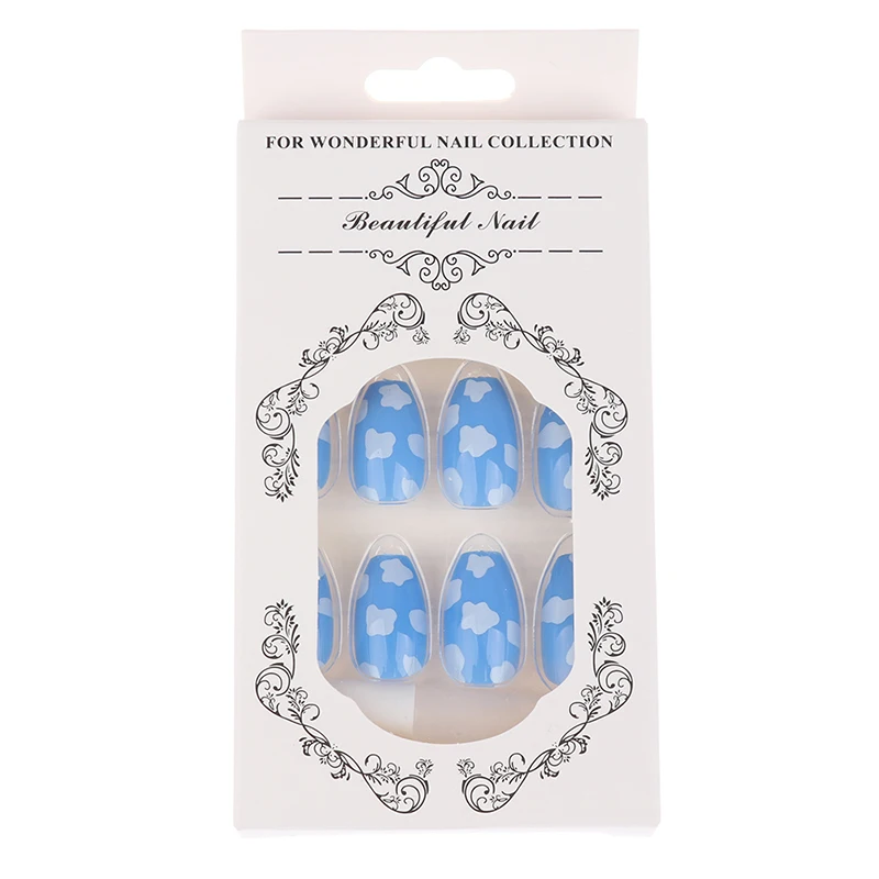 

Short Ballet Fake Nails Sky Blue Beach Cloud Fake Nail Nail Patch Waterproof