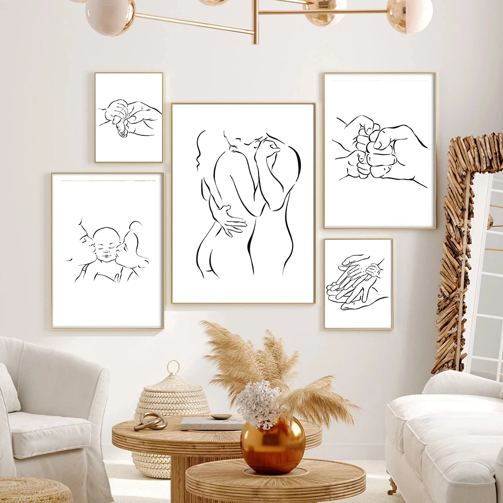 

Family Portrait Mom Dad Baby Art Line Drawing Posters Minimalist Wall Canvas Prints Painting Couple In Love Pictures Home Decor