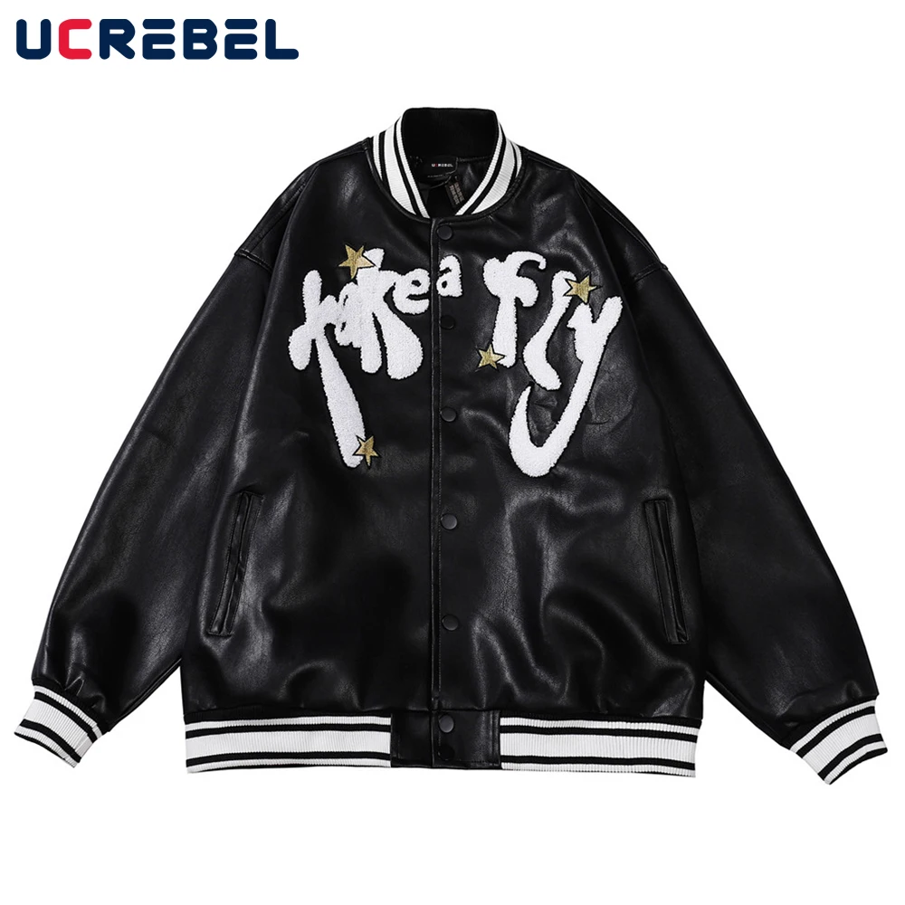 

Куртка мужская из искусственной кожи с вышивкой букв, уличная одежда, бейсбольная Повседневная Свободная верхняя одежда, осень