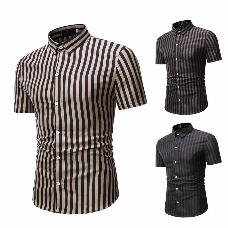 

Vertical Stripes Short Sleeve Mens Shirts Casual Slim Fit Button Down Shirt 2020 Summer Brand Tops Mens Chemise Homme 3XL