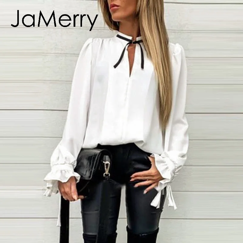 JaMerry сексуальная однотонная Повседневная Женская блузка рубашка с длинным