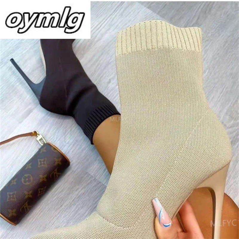 

Новинка осени 2021, вязаные эластичные ботинки с острым носком, ботинки-носки, короткие ботинки средней длины, большие размеры, ботинки-носки ...