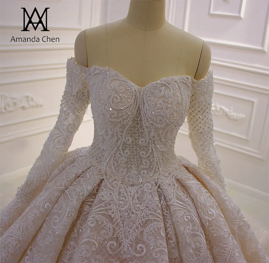 Robe de mariee с открытыми плечами Длинные рукава Кружева Аппликация блестящее свадебное платье цвета шампанского