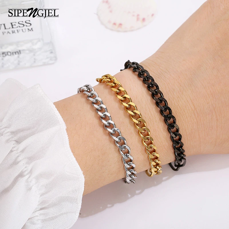 

SIPENGJEL Fashion Punk Link Chain Adjustable Bracelets Curb Cuban Stainless Steel Bracelets On The Hand For Women Man Jewelry
