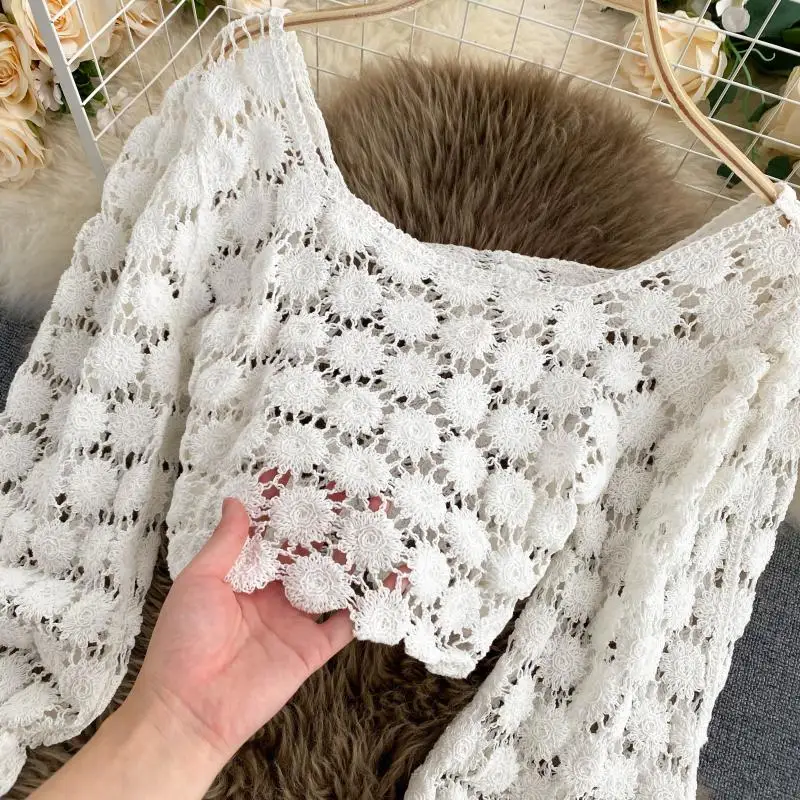 Женский укороченный топ с рукавами-фонариками вязаный крючком Топ в стиле ретро