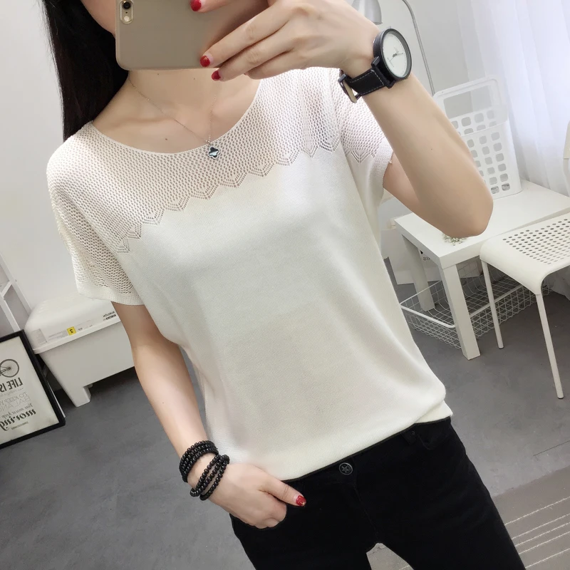 Женская трикотажная рубашка розовая синяя белая весна лето 2021 вязаный Топ из