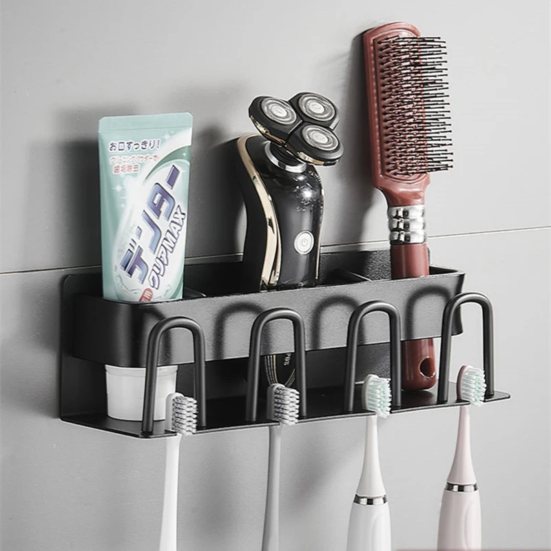 

Toothbrush Holder Wall Mounted Punch-free Aluminium Alloy Toothpaste Rack Bathroom Household Space Saving Bathroom Accessories