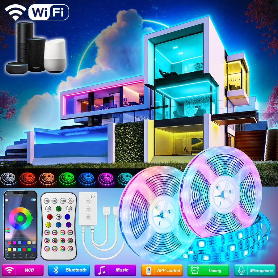 

WIFI LED Strip Lights RGB Led Light 5050 SMD 2835 Flexible Waterproof Tape Diode Alexa Phone Control DC Adapter 5M-20M