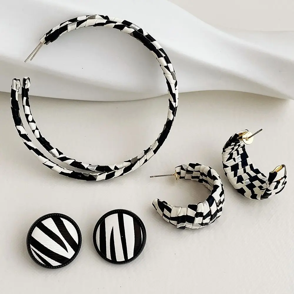 

New Temperament Metal Earrings Korean Style Black White Leather Wrap Geometric Round Circle Jewelry Hoop Earrings