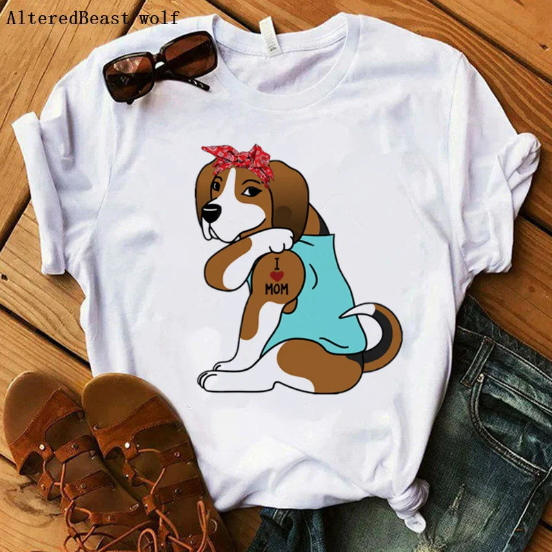 

Basset Hound Dog T-shirt Women Harajuku I Love Mom Printed Bandana Tshirt Summer Short Sleeve Female Women Animals Dog T Shirt
