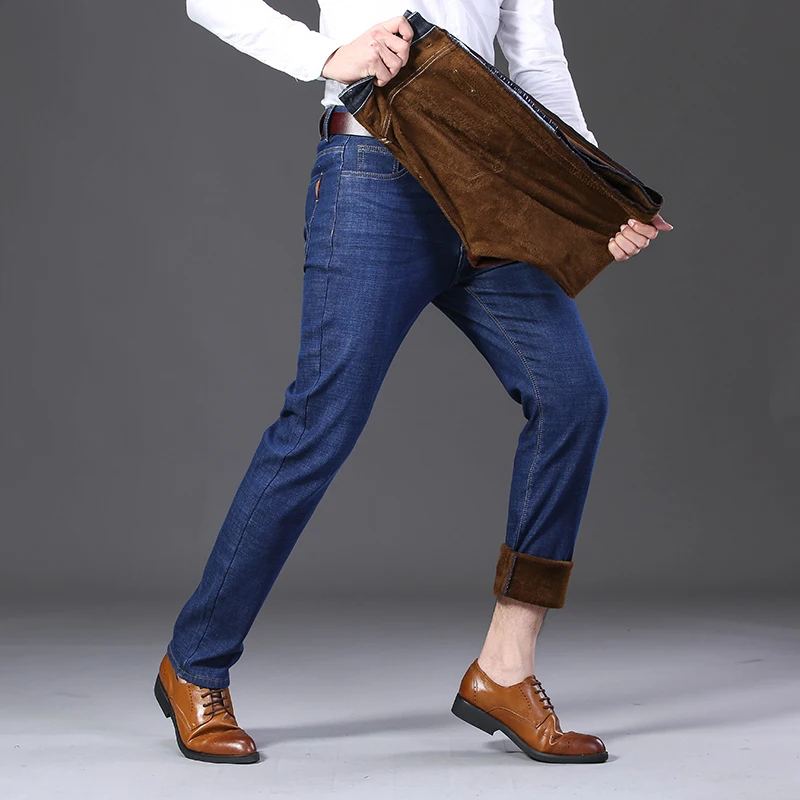 NIGRITY мужские теплые флисовые джинсы стрейч повседневные Прямые джинсовые