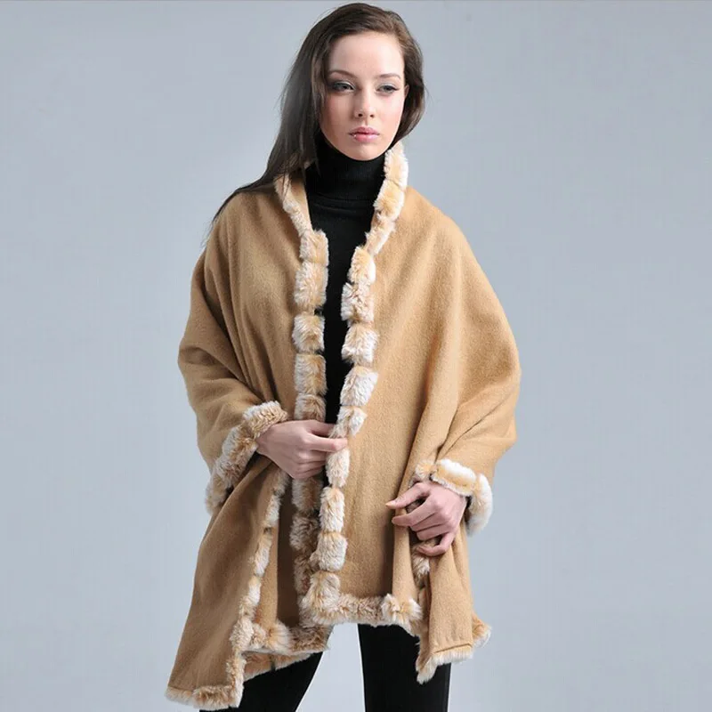 

Высококачественный верблюжий шарф из 100% шерсти с кроличьим мехом шали в Корейском стиле Женская модная накидка винтажная шаль пончо 180*70 см ...