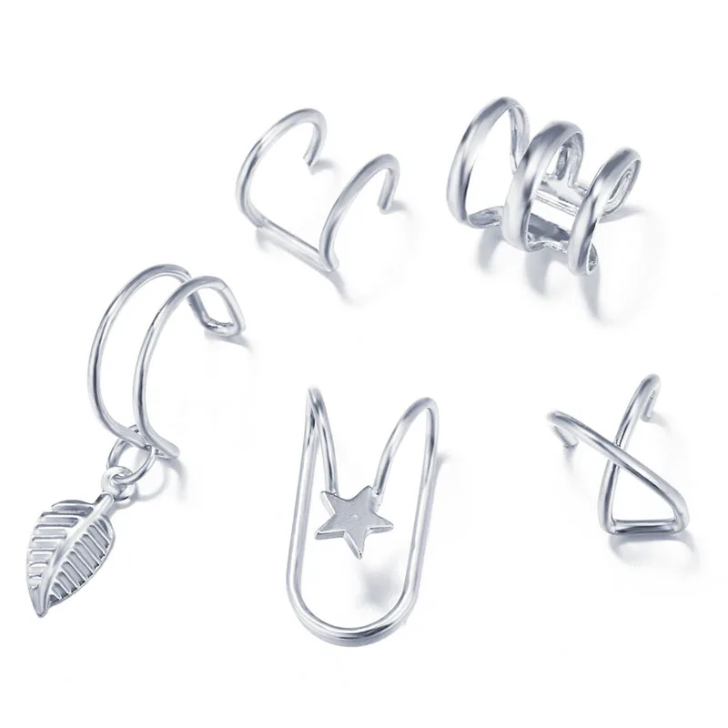 5Pcs/Set Ear Cuffs Gold Leaf Ear Cuff Clip Earrings for Women Earcuff No Piercing Fake Cartilage Earrings images - 6