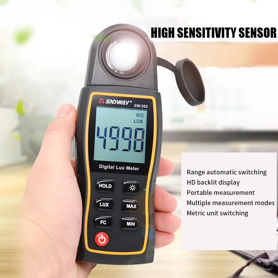 SW582 цифровой измеритель освещенности Высокоточный дисплей ручной фонарь тест HD с