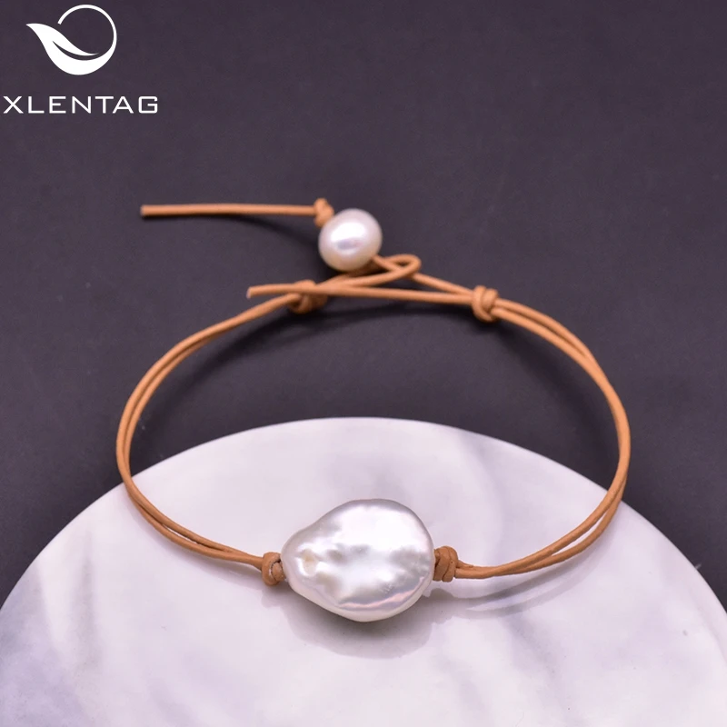 

Xlentag Handmade Natural Baroque White Pearl Leather Bracelet Cowhide Rope Ladies Birthday Party Simple Gift Jewelry GB0161
