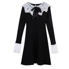 Женское трикотажное платье, элегантное винтажное платье-свитер черного цвета с кружевным воротником и длинным рукавом, Осень-зима 2020