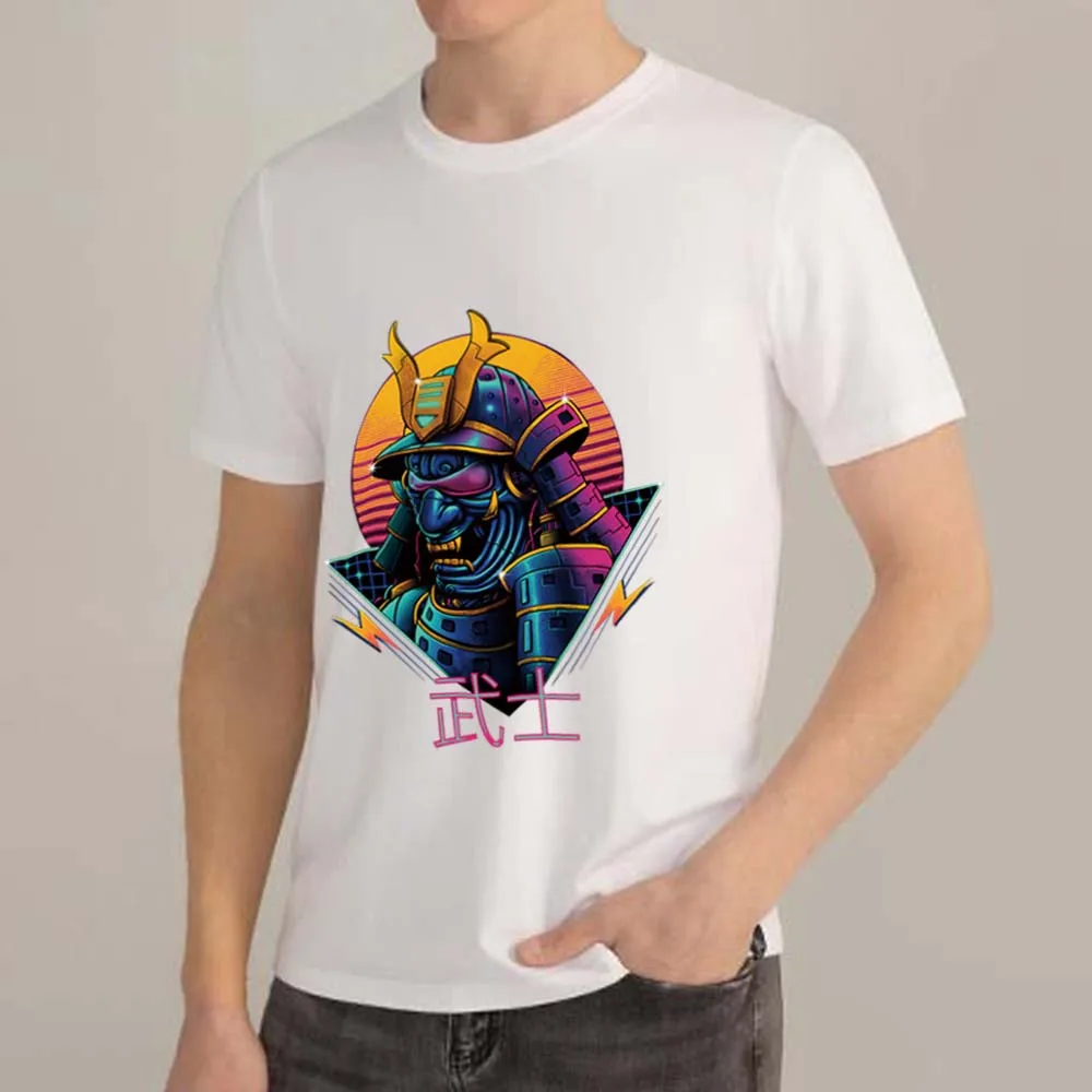 

Classic Men's T-shirt Street Top White Japanese Samurai Black Cat Print Pattern O-neck Commuter Short-sleeved T-shirt Clothes