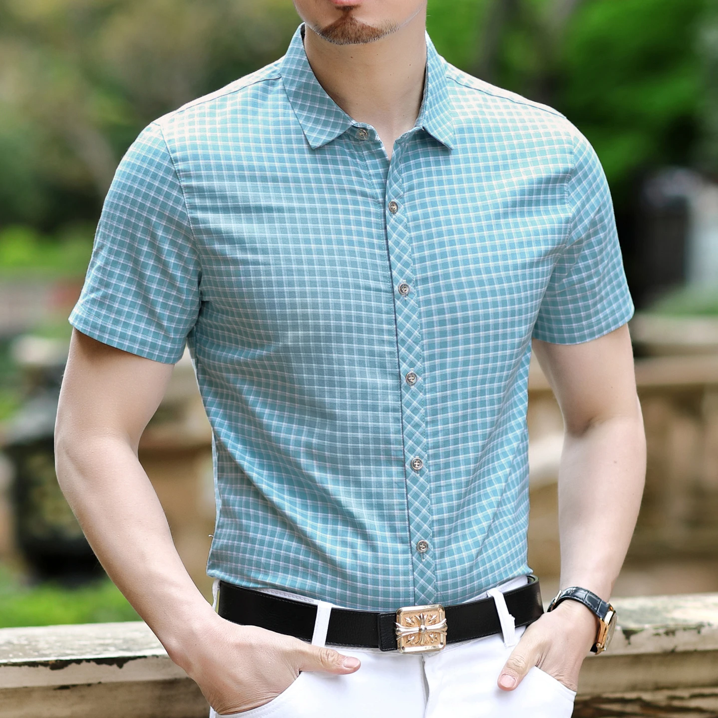 Plaid Shirt Men Short Sleeve Camisa Flores Hombre Casual Male Man Shirts 2020 Summer High Quality Fashion Dress | Мужская одежда