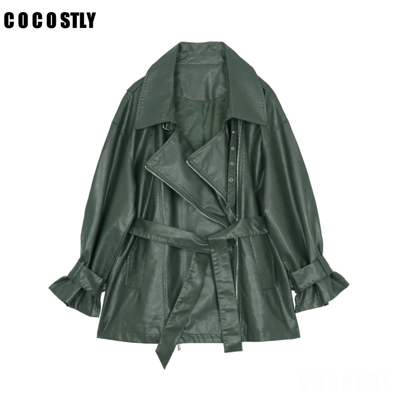 Осенние кожаные куртки для женщин с отложным воротником длинным рукавом