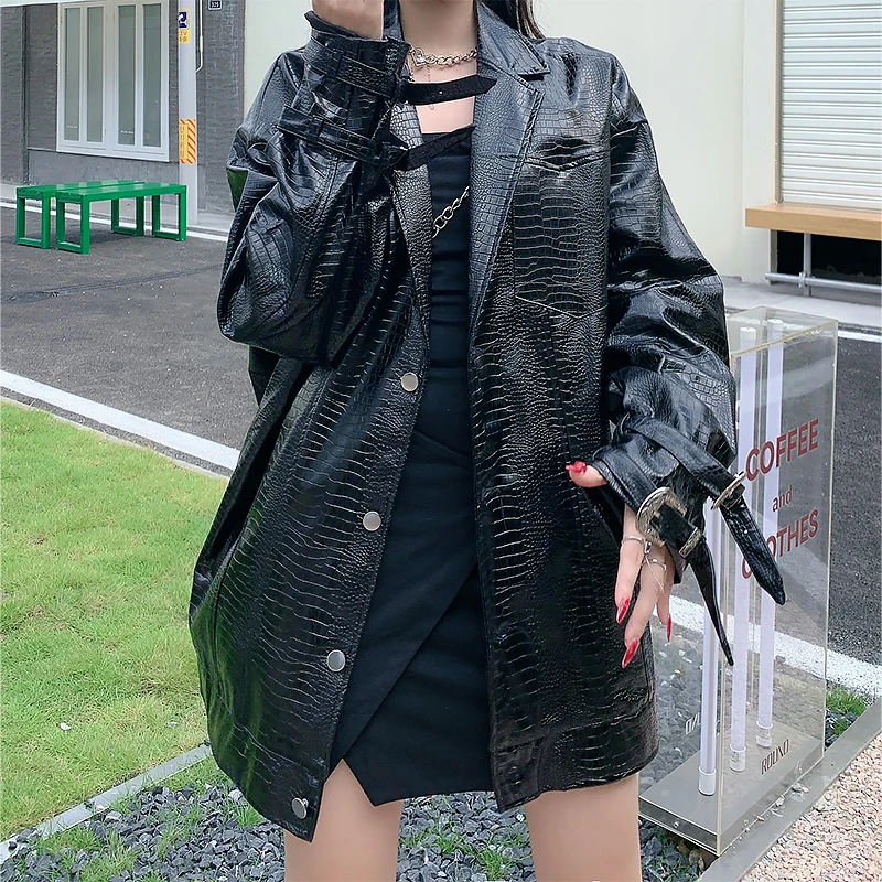 

SuperAen Женская однотонная крутая свободная мотоциклетная куртка с отложным воротником, кожаная замшевая черная куртка