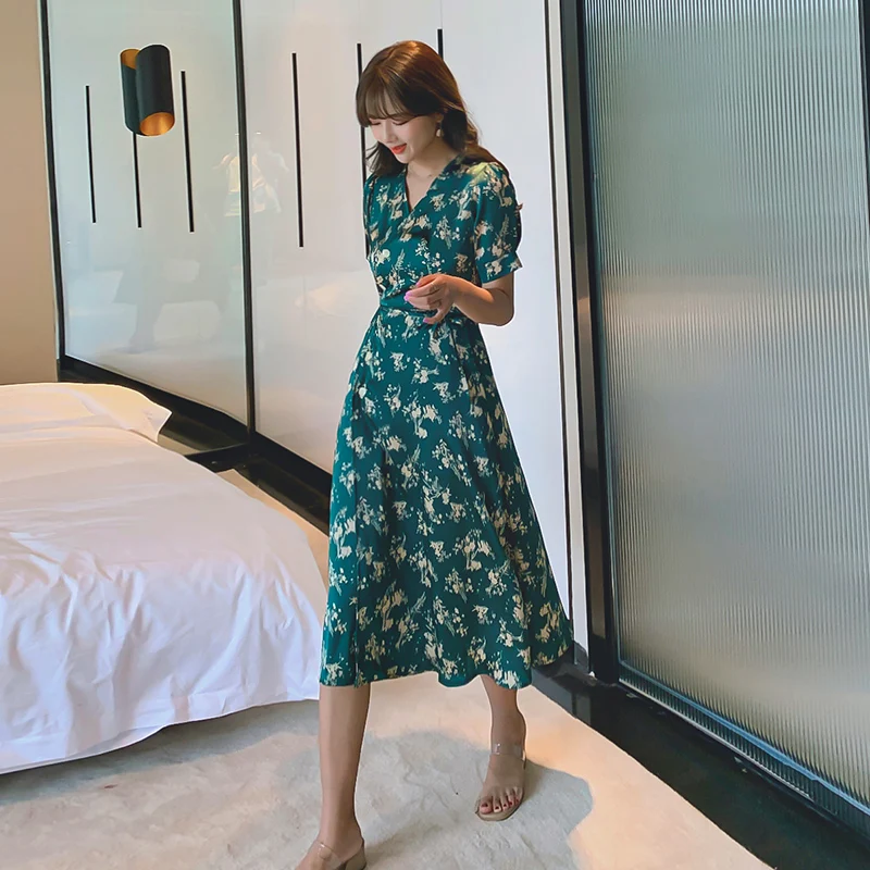 

Sexy maxi elegant print Dress one piece korean ladies SUmmer Green Office Short Sleeve V neck Long cabaret Dresses for women