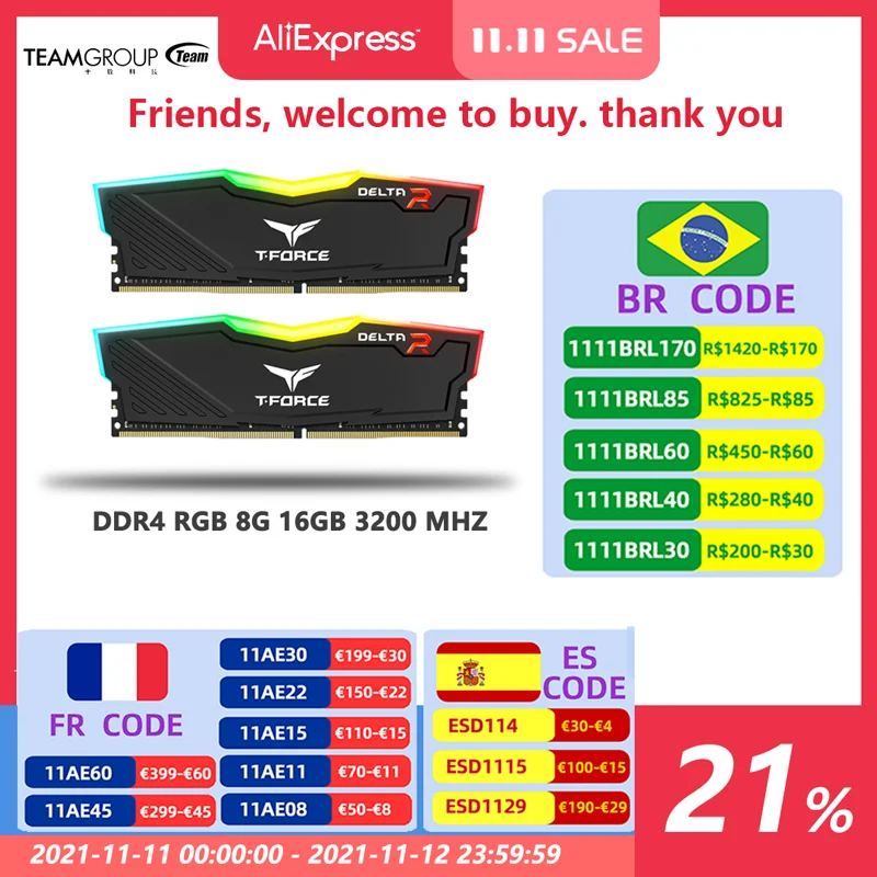 Модуль оперативной памяти для настольного ПК TEAMGROUP T-Force Delta RGB DDR4 8 Гб 16 (2x8 ГБ) 32 (2x16