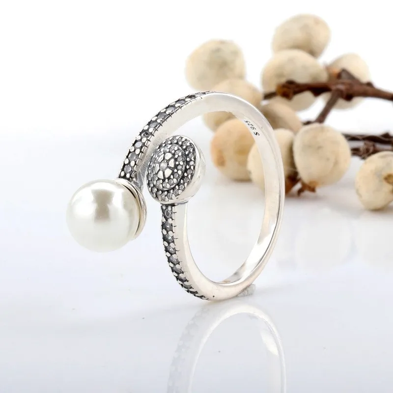 

Original 925 Sterling Silver Pan Ring Sparkling Spiral Pearl With Crystal Pan Ring For Women Wedding Party Fashion Jewelry