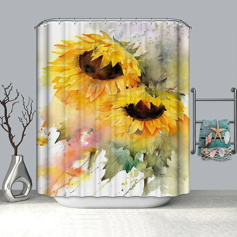 

Желтая занавеска для душа с цветами, водонепроницаемая занавеска для ванной из полиэстера, большая занавеска для ванной комнаты