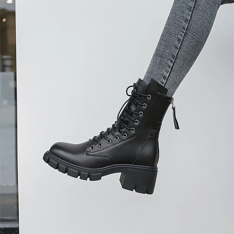 

Meotina Winter Ankle Boots Women Natural Genuine Leather Thick High Heel Short Boots Zipper Round Toe Shoes Female Autumn 34-39