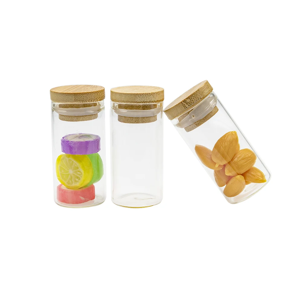 

5Pcs 25ml Clear Glass Bottle with Bamboo Wood Rubber Cap Craft Vials Refillable Reusable Multipurpose Jars Candy Food Pot
