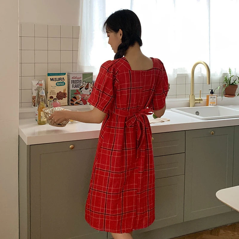 Женское платье в клетку GALCAUR летнее с квадратным воротником пышным рукавом и
