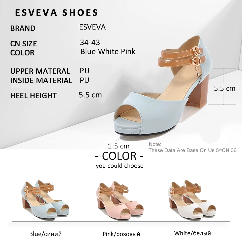 

ESVEVA 2018 Buckle Strap Women Sandals Summer PU Square Heel Sandals Elegant High Heels Peep Toe Platform Shoes Women Size 34-43