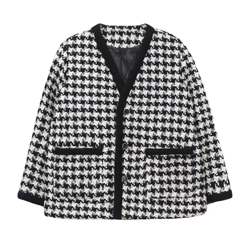 

Women Wool Blends Coats Plaid Fashion Chic V-neck Single Breasted Female Elegant Ladies Streetwear All-match Vintage Casual Warm