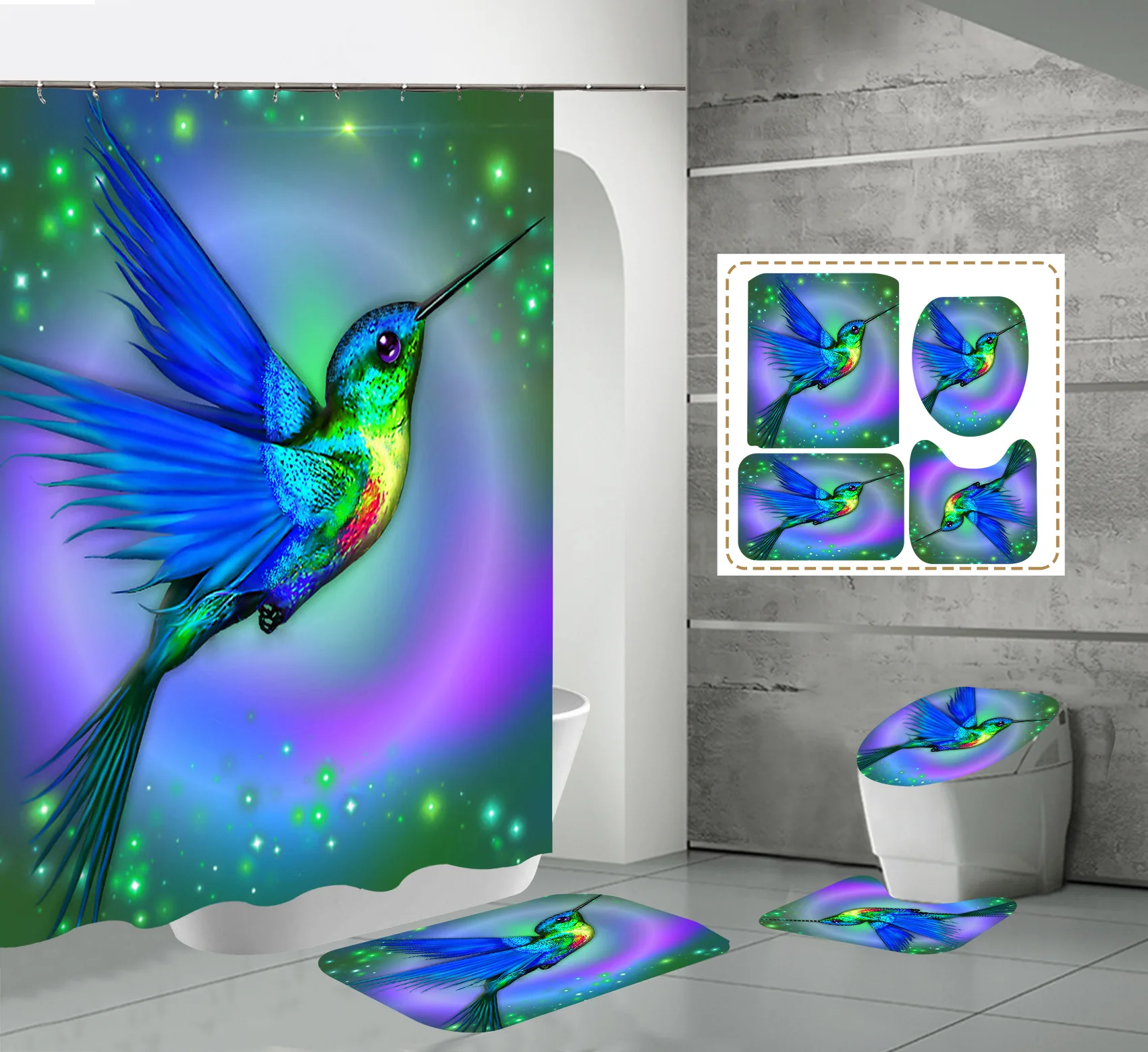 

4Pcs Colorful Birds Printed Shower Curtain Waterproof Polyester Bathroom Decorative Curtains Toilet Accessories
