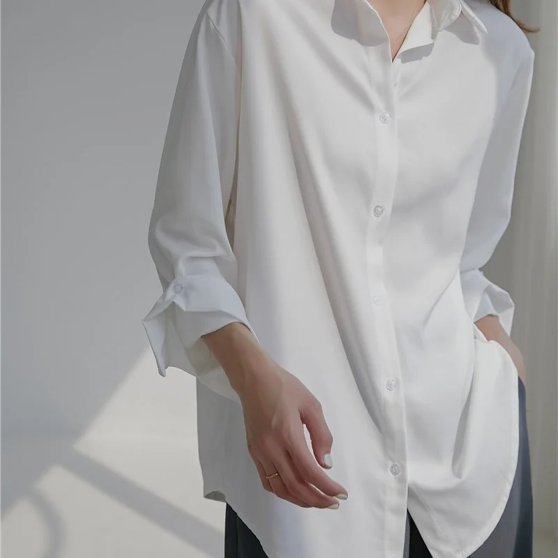 

Women White Chiffon Blouse 2021 Spring New Solid Long Sleeve Turn-down Collar Loose Casual Shirts Office Lady Stylish Top Blusas