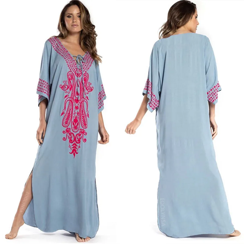 

2020 Indie Folk Lace Up V-Neck Batwing Sleeve Summer Beach Dress Tunic Women Beachwear kaftan Maxi Dress Robe Sarong N775