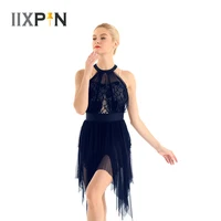 asymmetric figure skating ice dance lyrical dance dress halter neck with spaghetti shoulder straps lace bodice leotard dress