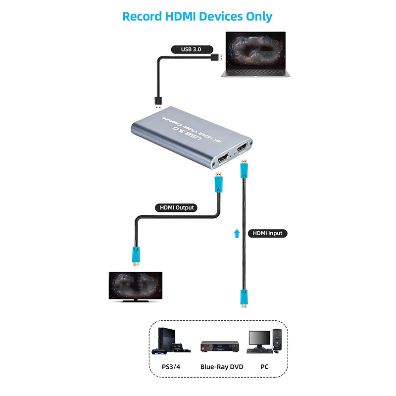 

USB 3.0 HDMI Video Capture Card with HDMI Loop-Out 4K 1080P 60FPS Live Streaming Game Recorder Device for PS4