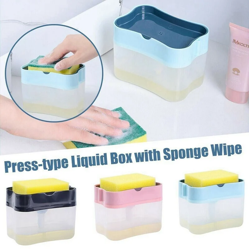 

2 in 1 Scrubbing Liquid Detergent Dispenser Press-type Liquid Soap Box Pump Organizer with Sponge Kitchen Tool Bathroom Supplies