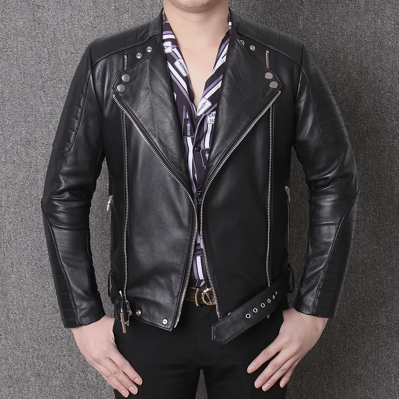 

2020 New Spring Fashion Men's Coat Genuine for Men Leather Biker Jacket Slim Turn-down Collar Zipper Y-003