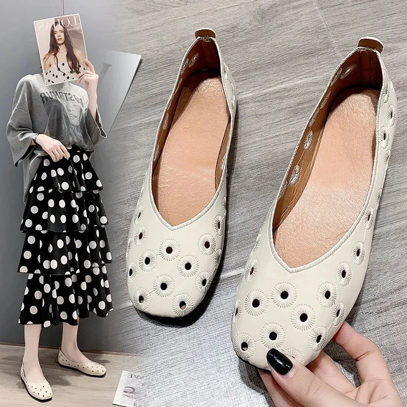 

Breathable cutouts flats artificial leather loafers women square casual flats comfort shoes female moccasin