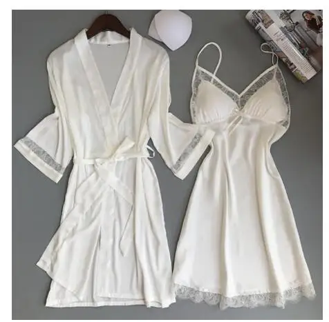 Халат-кимоно Женский из искусственного шёлка с кружевной отделкой | Женская