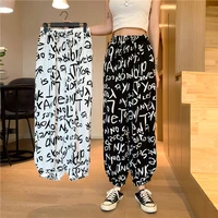 women ankle length pants thin 2021 new arrival summer loose letter fashion female pants chiffon teenager girls black white n10