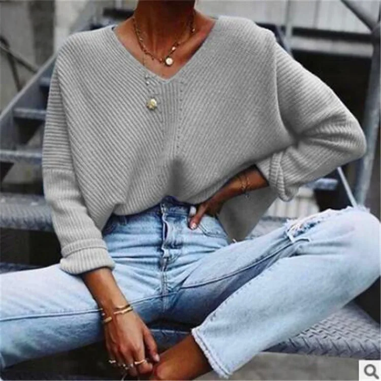 

2020 New Autumn Spring Women Sweater Pullovers Fashion Soild Color V Neck Loose Kintted Long Sleeve Female Casual Tops